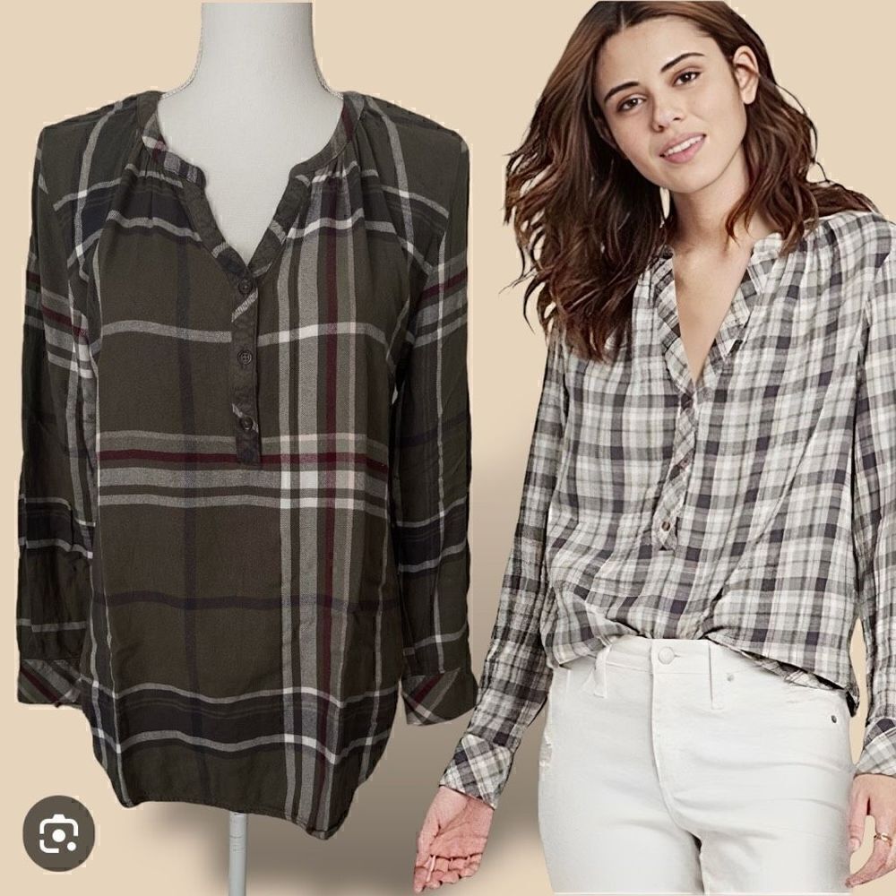Universal Thread Olive Plaid Flannel High Low Tunic Top Sz M